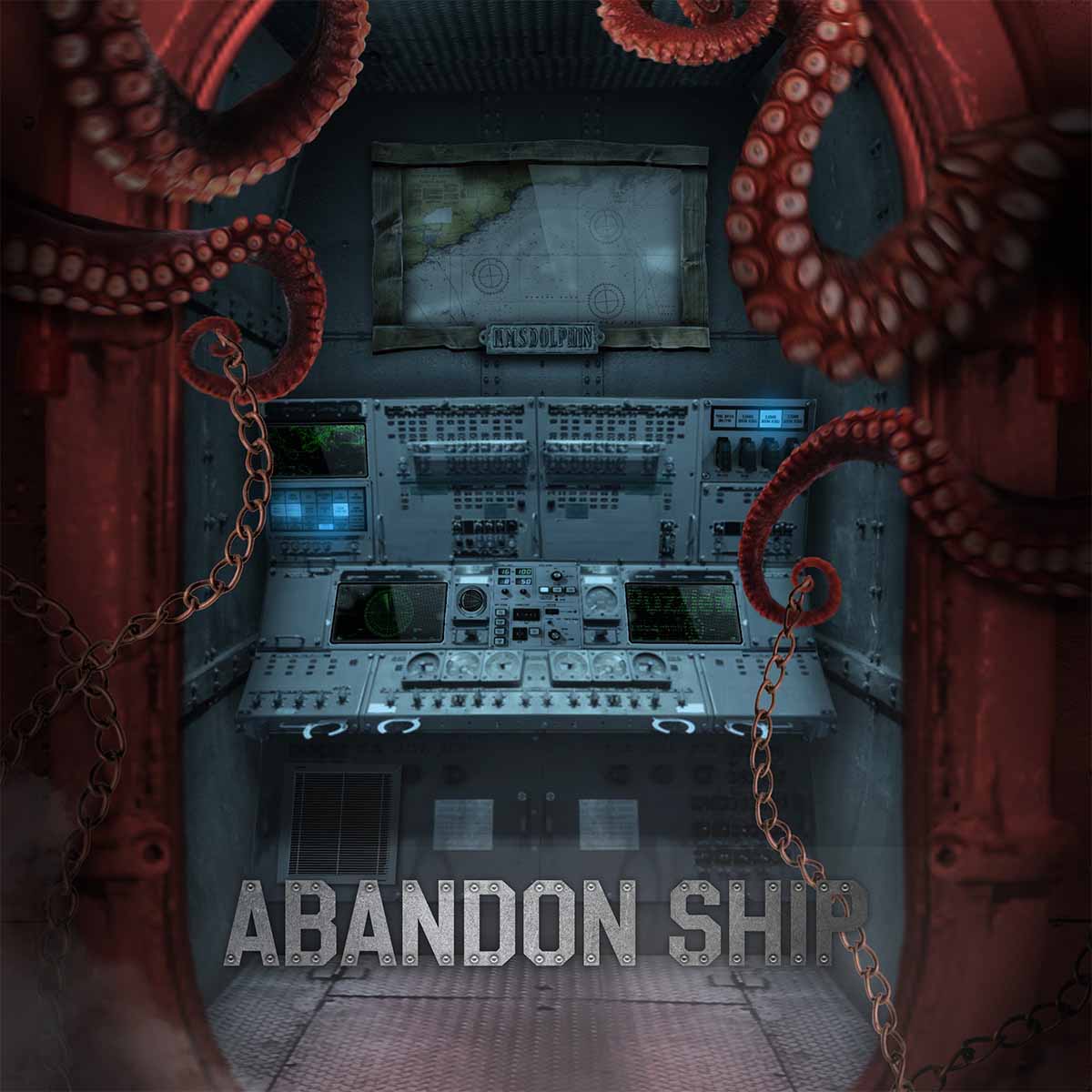 View through a door to the main deck of 'Abandon Ship' escape room, featuring advanced computer consoles, ominous kraken tentacles, and entangled chains, highlighting the ship's mysterious and interactive puzzle environment