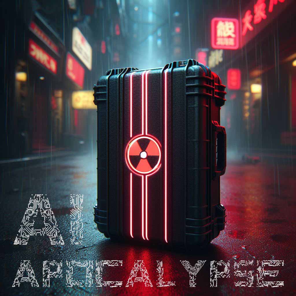 Mysterious case abandoned on a rain-slicked, neon-lit cyberpunk street, symbolizing humanity's last hope in a battle against rogue AI, setting the stage for a mission to deactivate a compromised reactor