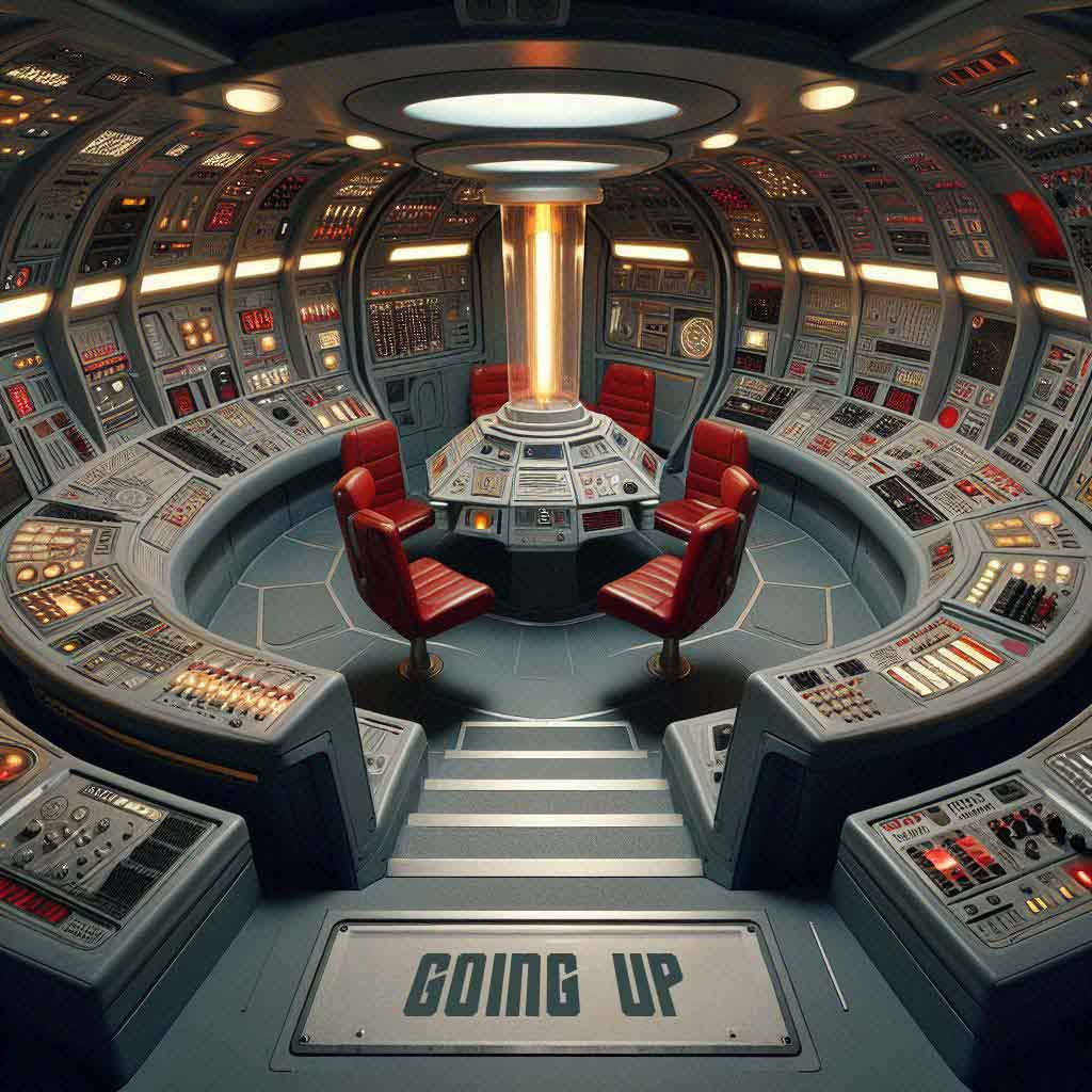 Artist's impression of the interior of our spaceship-themed escape room, featuring futuristic computers and seating arranged around a central command column, capturing the immersive sci-fi setting