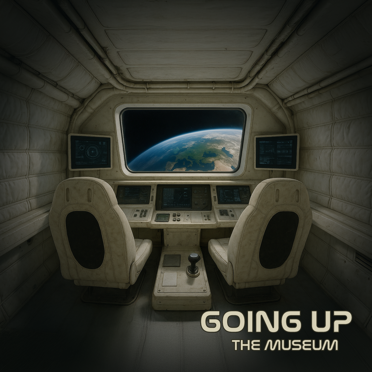 Artist's impression of the interior of our spaceship-themed escape room, featuring futuristic computers and seating arranged around a central command column, capturing the immersive sci-fi setting