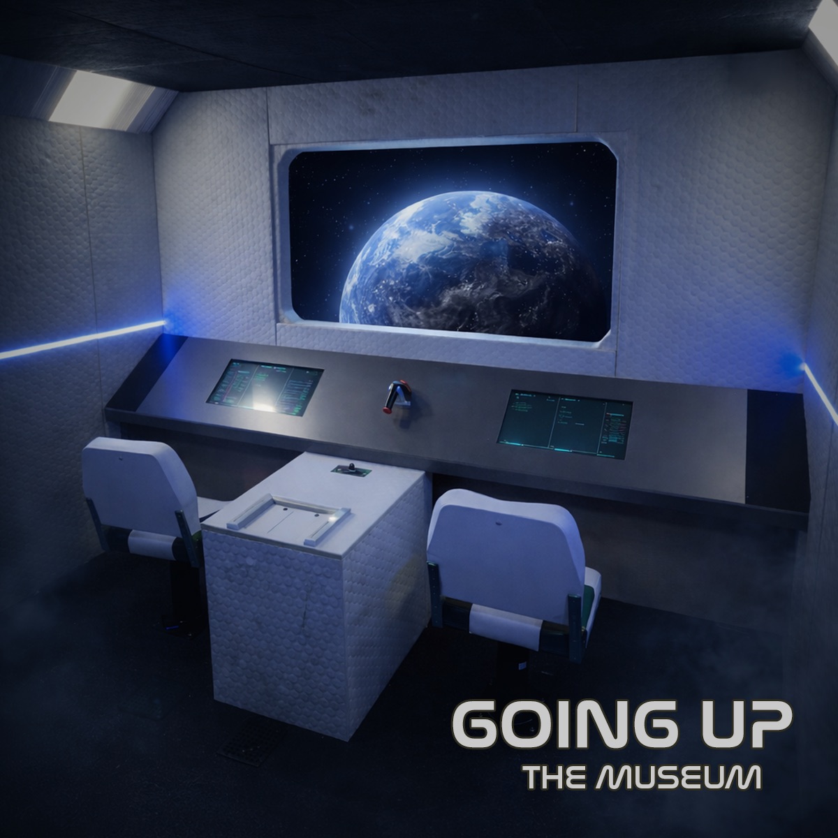 Artist's impression of the interior of our spaceship-themed escape room, featuring futuristic computers and seating arranged around a central command column, capturing the immersive sci-fi setting